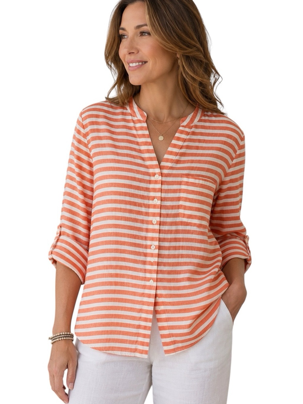 Coldwater Creek 100% Linen Coral & White Striped Button-Down Shirt Womens 1X